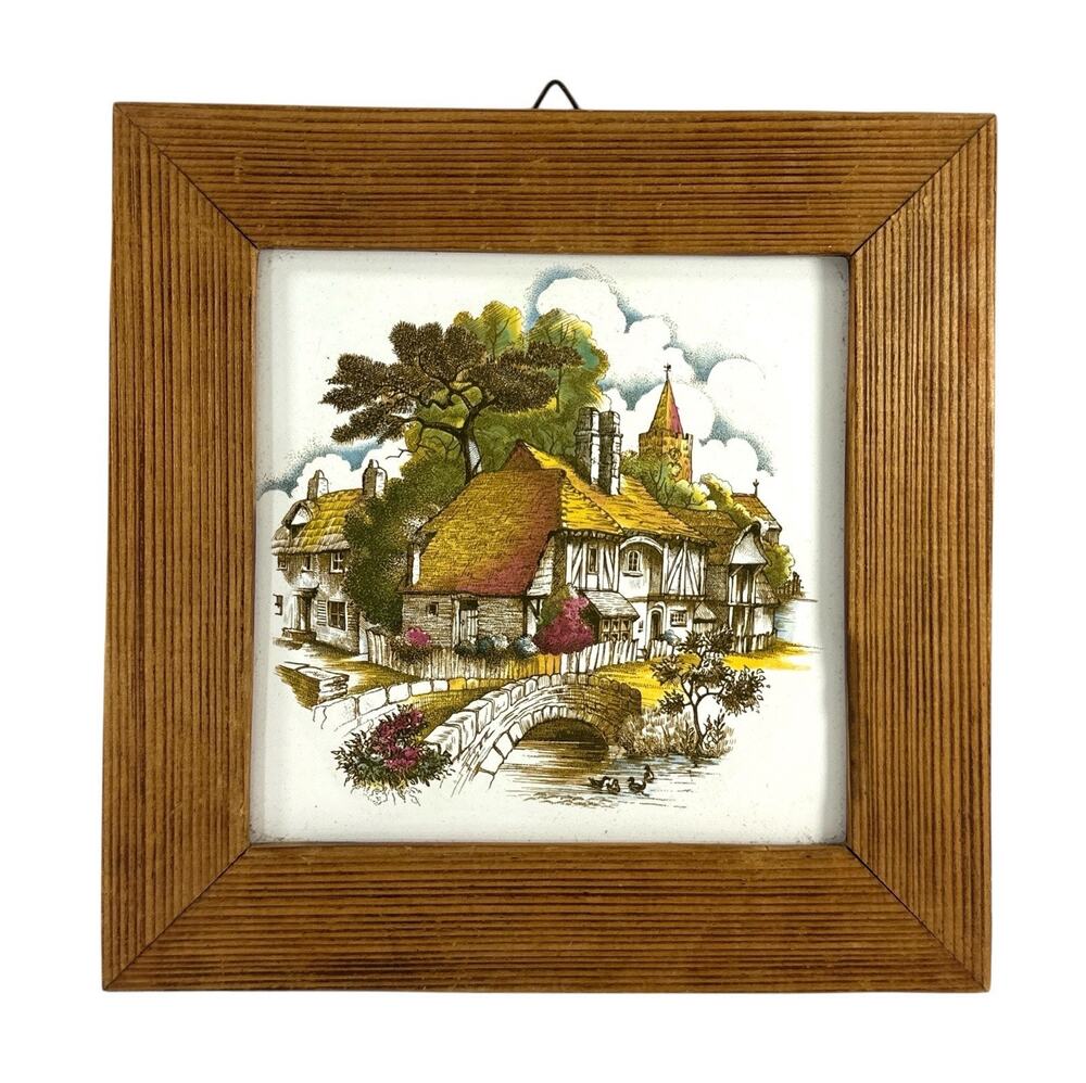 Vintage English Cottage Village Ceramic Tile Art Wood Frame 8.5” Square